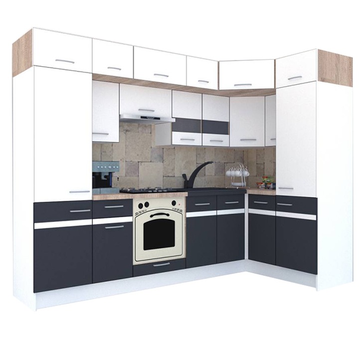 Set Bucatarie de Colt Genarom BIG GENA NEW ST. 150-290 x 225,5 x 60 cm, Cu Corp de Cuptor, Alb / Gri