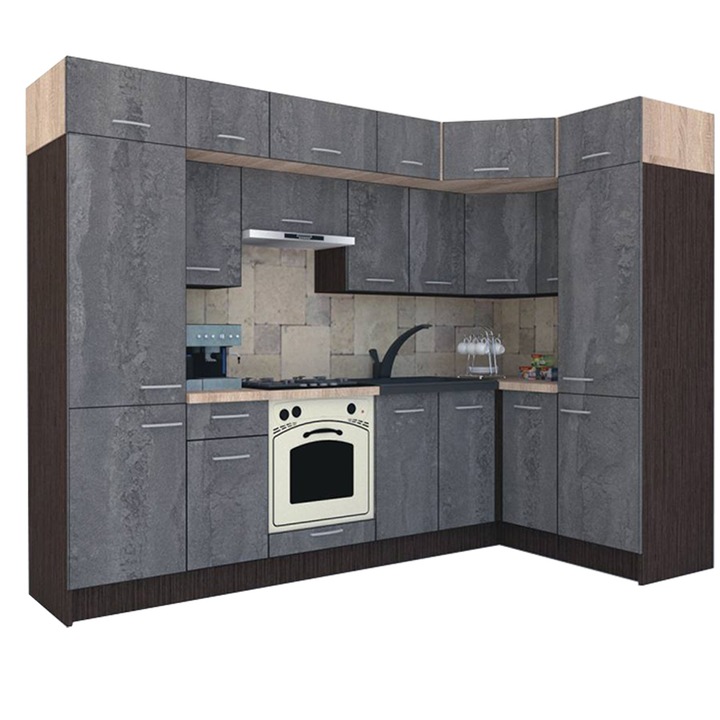 Set Bucatarie de Colt Genarom BIG GENA NEW ST. 150-290 x 225,5 x 60 cm, Cu Corp de Cuptor, Wenge / Decor K352