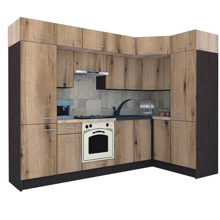 Set Bucatarie de Colt Genarom BIG GENA NEW ST. 150-290 x 225,5 x 60 cm, Cu Corp de Cuptor, Wenge / Decor K365