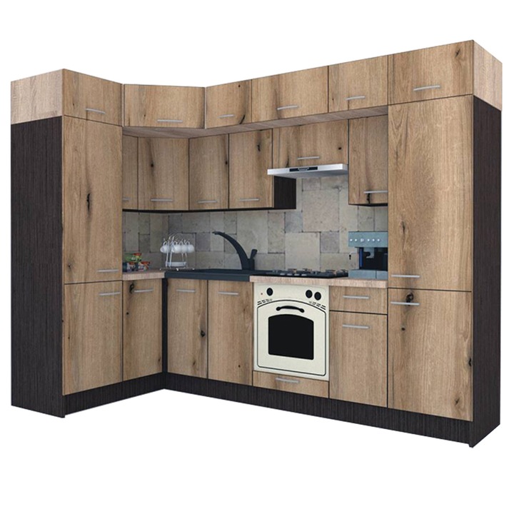 Set Bucatarie de Colt Genarom BIG GENA NEW DR. 150-290 x 225,5 x 60 cm, Cu Corp de Cuptor, Wenge / Decor K365