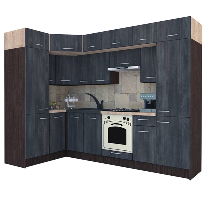 Set Bucatarie de Colt Genarom BIG GENA NEW DR. 150-290 x 225,5 x 60 cm, Cu Corp de Cuptor, Wenge / Decor 8509