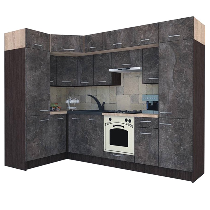 Set Bucatarie de Colt Genarom BIG GENA NEW DR. 150-290 x 225,5 x 60 cm, Cu Corp de Cuptor, Wenge / Decor 4299