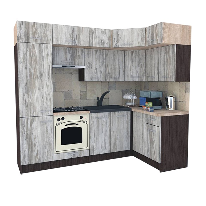 Set Bucatarie de Colt Genarom BIG GENA NEW ST. 140-250 x 225,5 x 60 cm, Cu Corp de Cuptor, Wenge / Decor K084