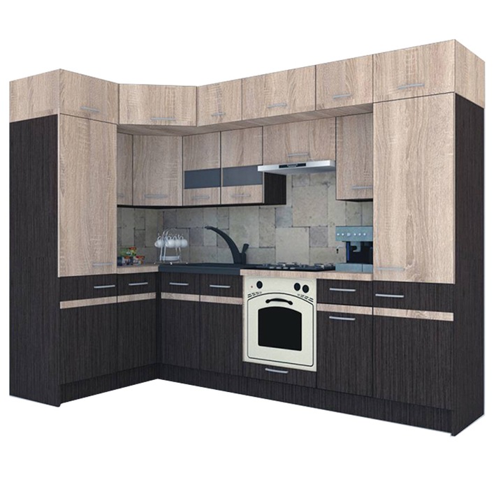 Set Bucatarie de Colt Genarom BIG GENA NEW DR. 150-290 x 225,5 x 60 cm, Cu Corp de Cuptor, Wenge / Stejar Sonoma