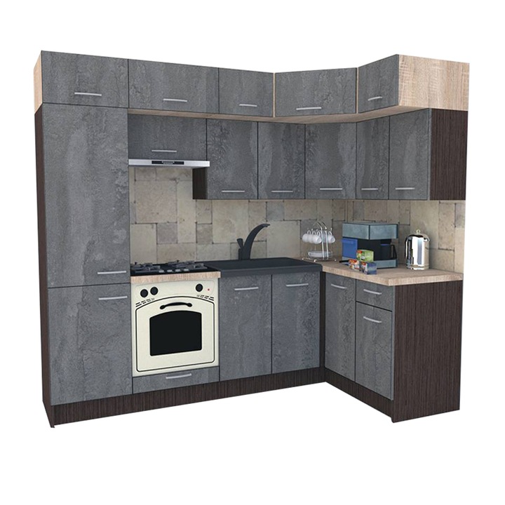 Set Bucatarie de Colt Genarom BIG GENA NEW ST. 140-250 x 225,5 x 60 cm, Cu Corp de Cuptor, Wenge / Decor K352