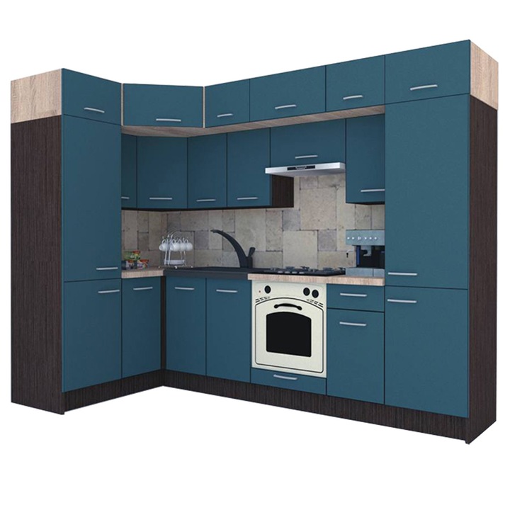 Set Bucatarie de Colt Genarom BIG GENA NEW DR. 150-290 x 225,5 x 60 cm, Cu Corp de Cuptor, Wenge / Decor 0244