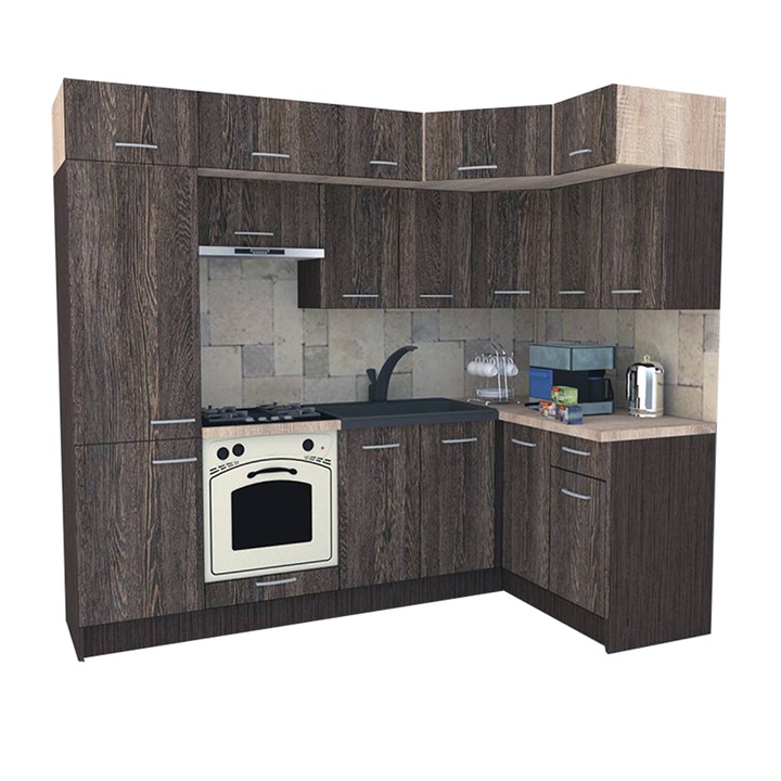 Set Bucatarie de Colt Genarom BIG GENA NEW ST. 140-250 x 225,5 x 60 cm, Cu Corp de Cuptor, Wenge / Decor 7648