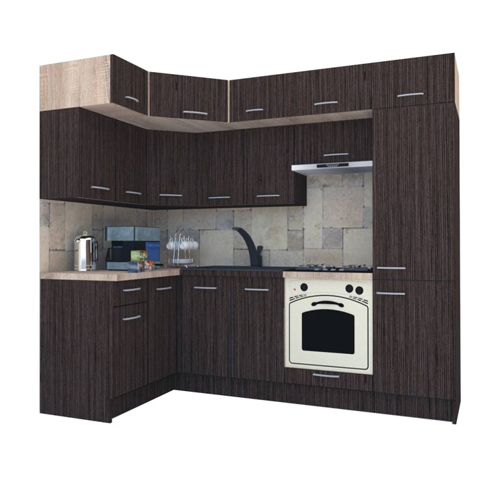 Set Bucatarie de Colt Genarom BIG GENA NEW DR. 140-250 x 225,5 x 60 cm, Cu Corp de Cuptor, Wenge / Decor 8548