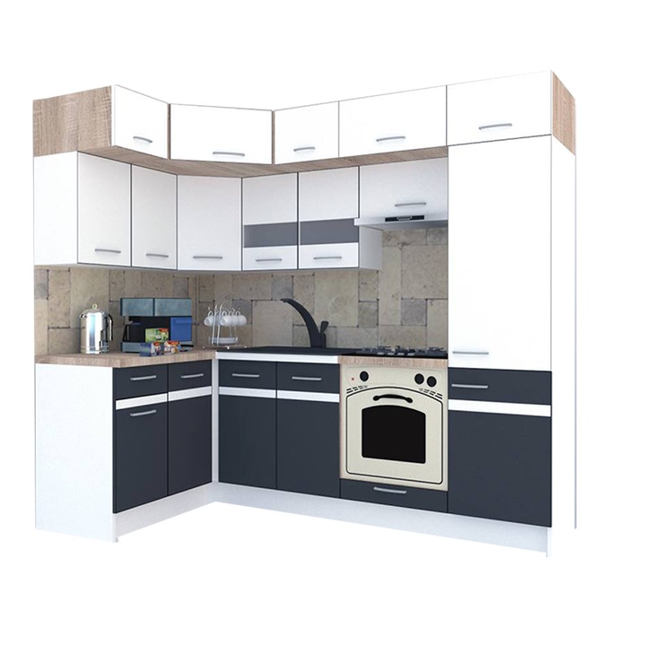 Set Bucatarie de Colt Genarom BIG GENA NEW DR. 140-250 x 225,5 x 60 cm, Cu Corp de Cuptor, Alb / Gri A