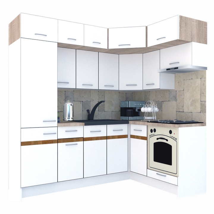 Set Bucatarie de Colt Genarom BIG GENA NEW ST. 160-230 x 225,5 x 60 cm, Cu Corp de Cuptor, Alb