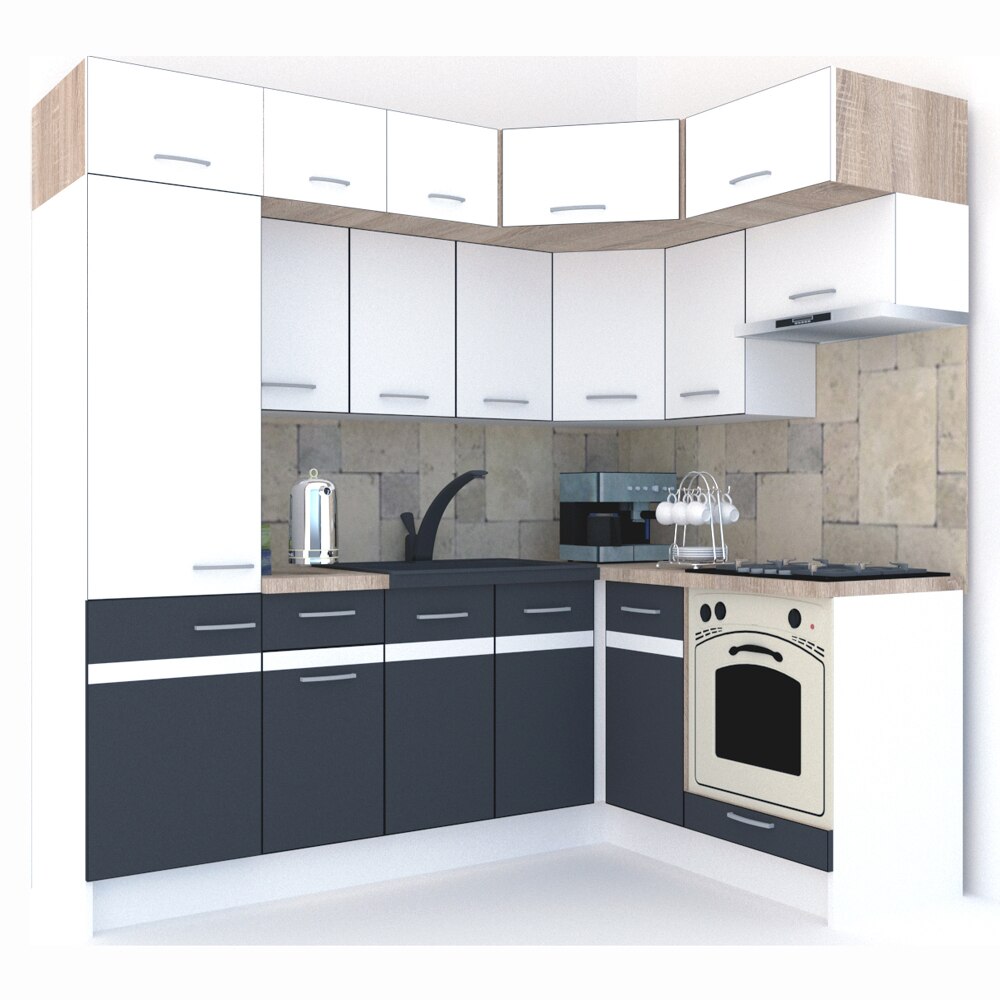 Set Bucatarie de Colt Genarom BIG GENA NEW ST. 160-230 x 225,5 x 60 cm, Cu Corp de Cuptor, Alb / Gri