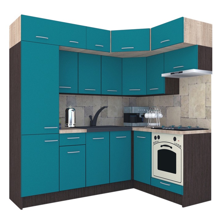 Set Bucatarie de Colt Genarom BIG GENA NEW ST. 160-230 x 225,5 x 60 cm, Cu Corp de Cuptor, Wenge / Decor 0245