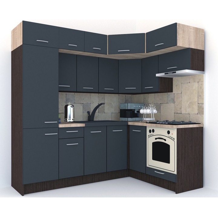 Set Bucatarie de Colt Genarom BIG GENA NEW ST. 160-230 x 225,5 x 60 cm, Cu Corp de Cuptor, Wenge / Decor 0164