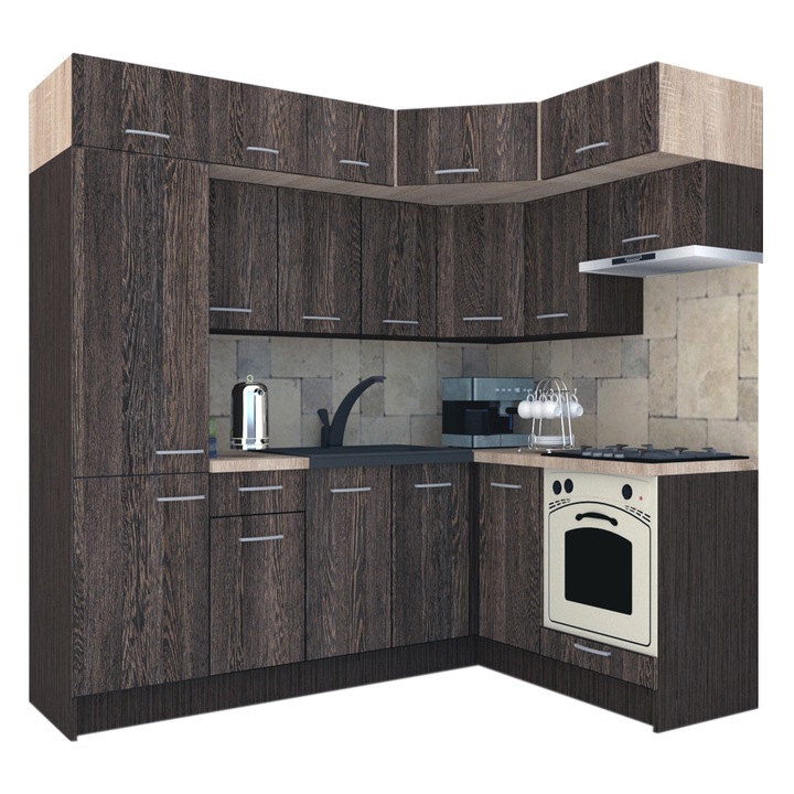 Set Bucatarie de Colt Genarom BIG GENA NEW ST. 160-230 x 225,5 x 60 cm, Cu Corp de Cuptor, Wenge / Decor 7648
