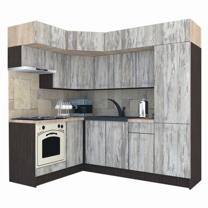 Set Bucatarie de Colt Genarom BIG GENA NEW DR. 160-230 x 225,5 x 60 cm, Cu Corp de Cuptor, Wenge / Decor K084