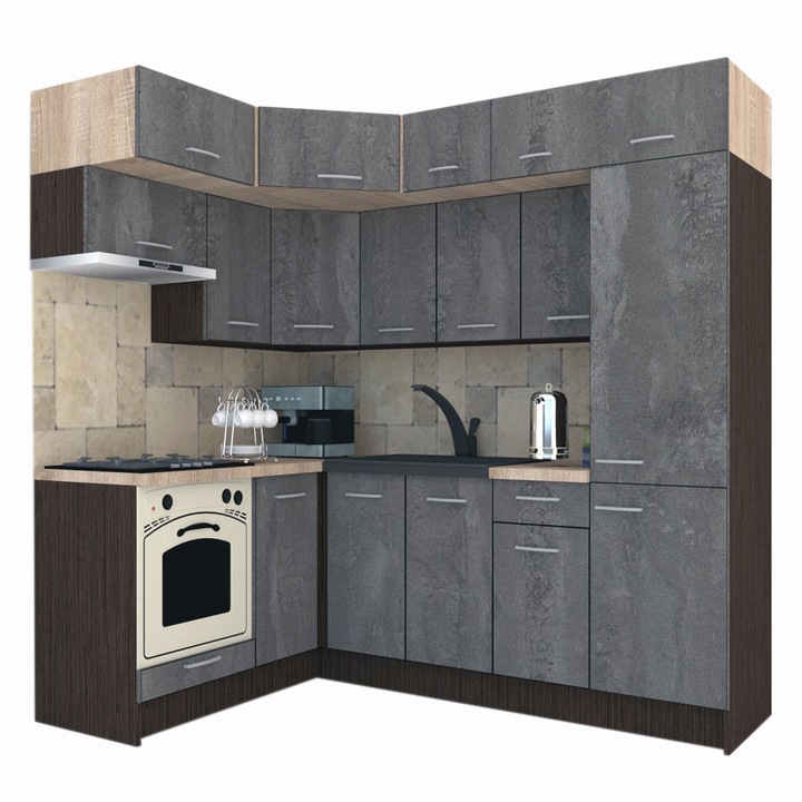 Set Bucatarie de Colt Genarom BIG GENA NEW DR. 160-230 x 225,5 x 60 cm, Cu Corp de Cuptor, Wenge / Decor K352