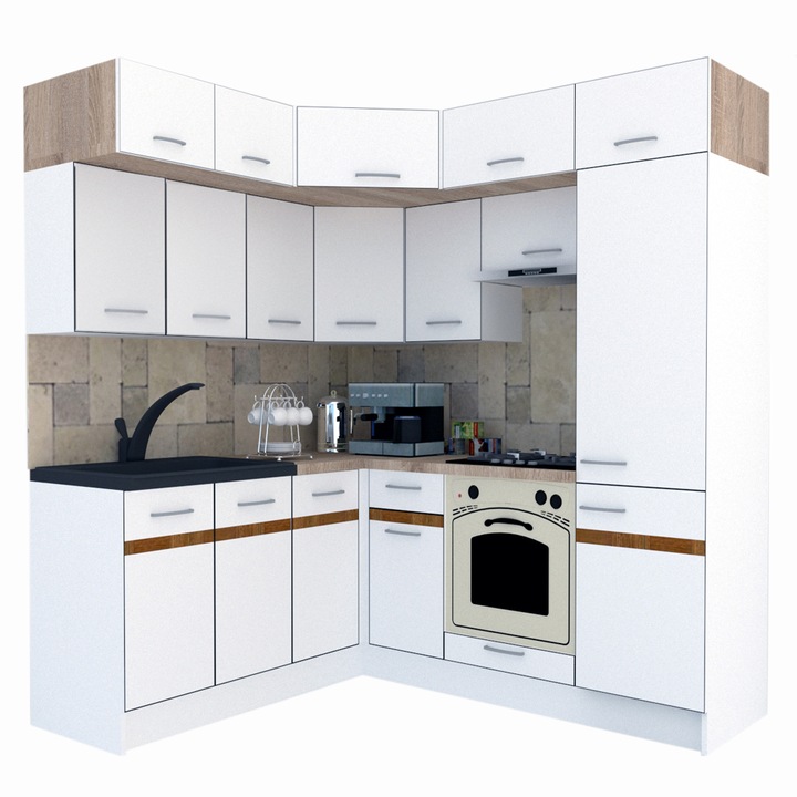 Set Bucatarie de Colt Genarom BIG GENA NEW DR. 180-210 x 225,5 x 60 cm, Cu Corp de Cuptor, Alb