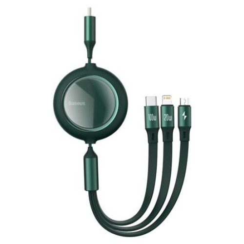 Cablu de date 3 in 1, Baseus Bright Mirror, Micro USB, USC-C si Lightning , Quick Charge, 100 W, 480 Mb/s. Lungime reglabila, max 1,2 m, Verde, TPE