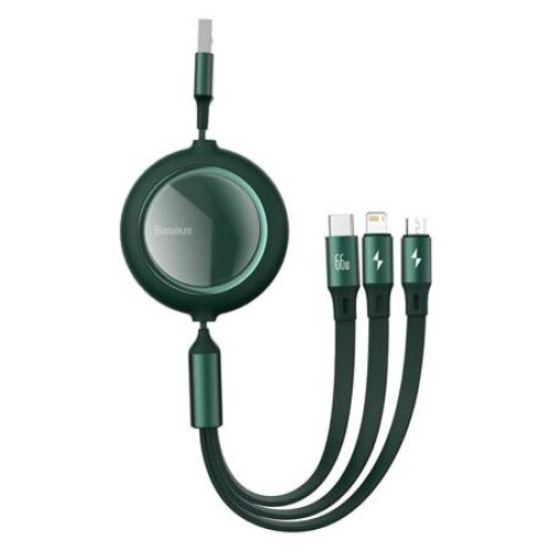 Cablu de date 3 in 1, Baseus Bright Mirror, Micro USB, USC-C si Lightning , Quick Charge, 66 W, 480 Mb/s. Lungime reglabila, max 1,2 m, Verde, PC siTPE