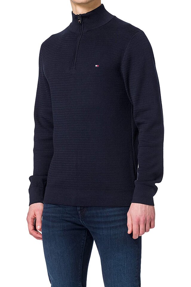 Pulover barbati 'Fine Zig Zag Structure Zip Mock' Tommy Hilfiger, albastru, L