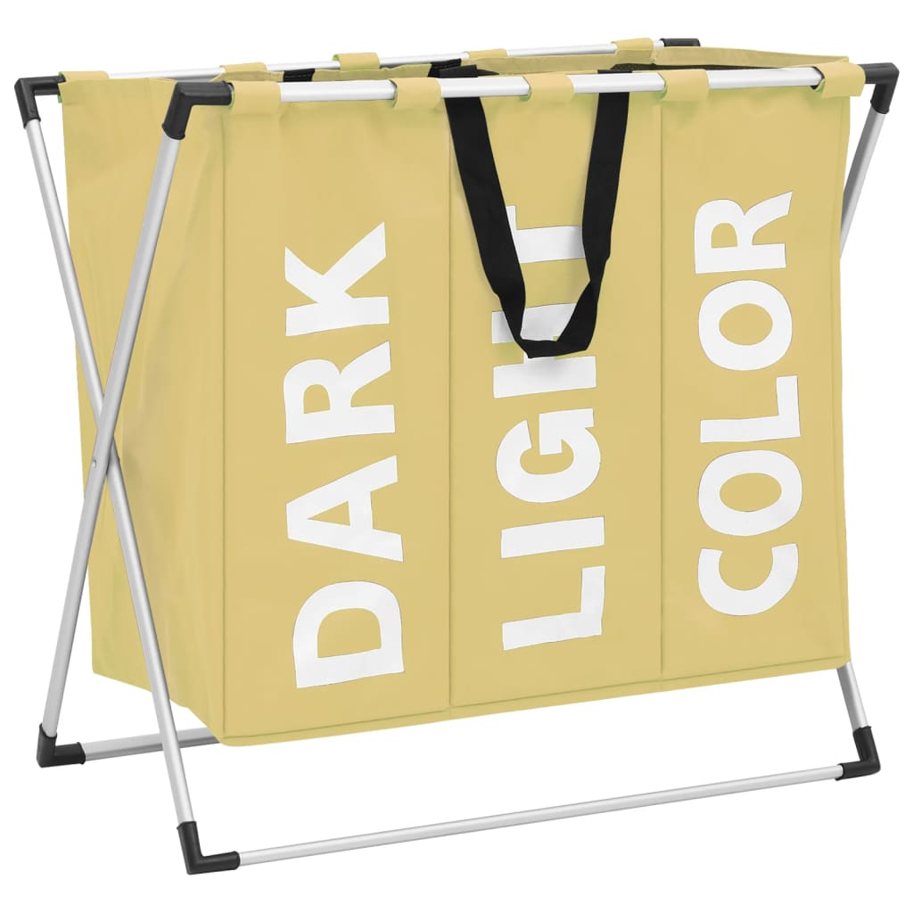 Cos de sortare rufe cu 3 sectiuni, vidaXL, Textil-aluminiu, 137 l, 67,5 x 36,5 x 61 cm, Crem