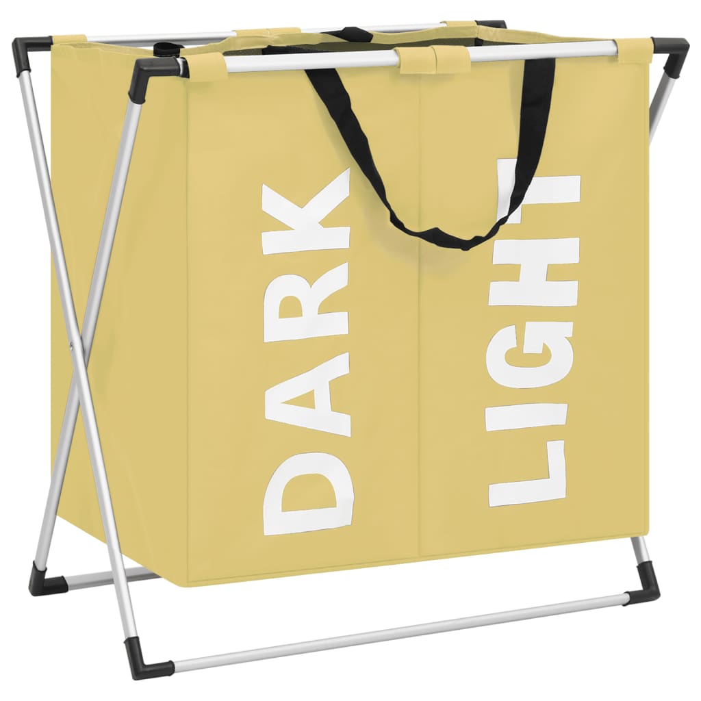 Cos de sortare rufe cu 2 sectiuni, vidaXL, Textil-aluminiu, 128 l, 60 x 37,5 x 62 cm, Crem