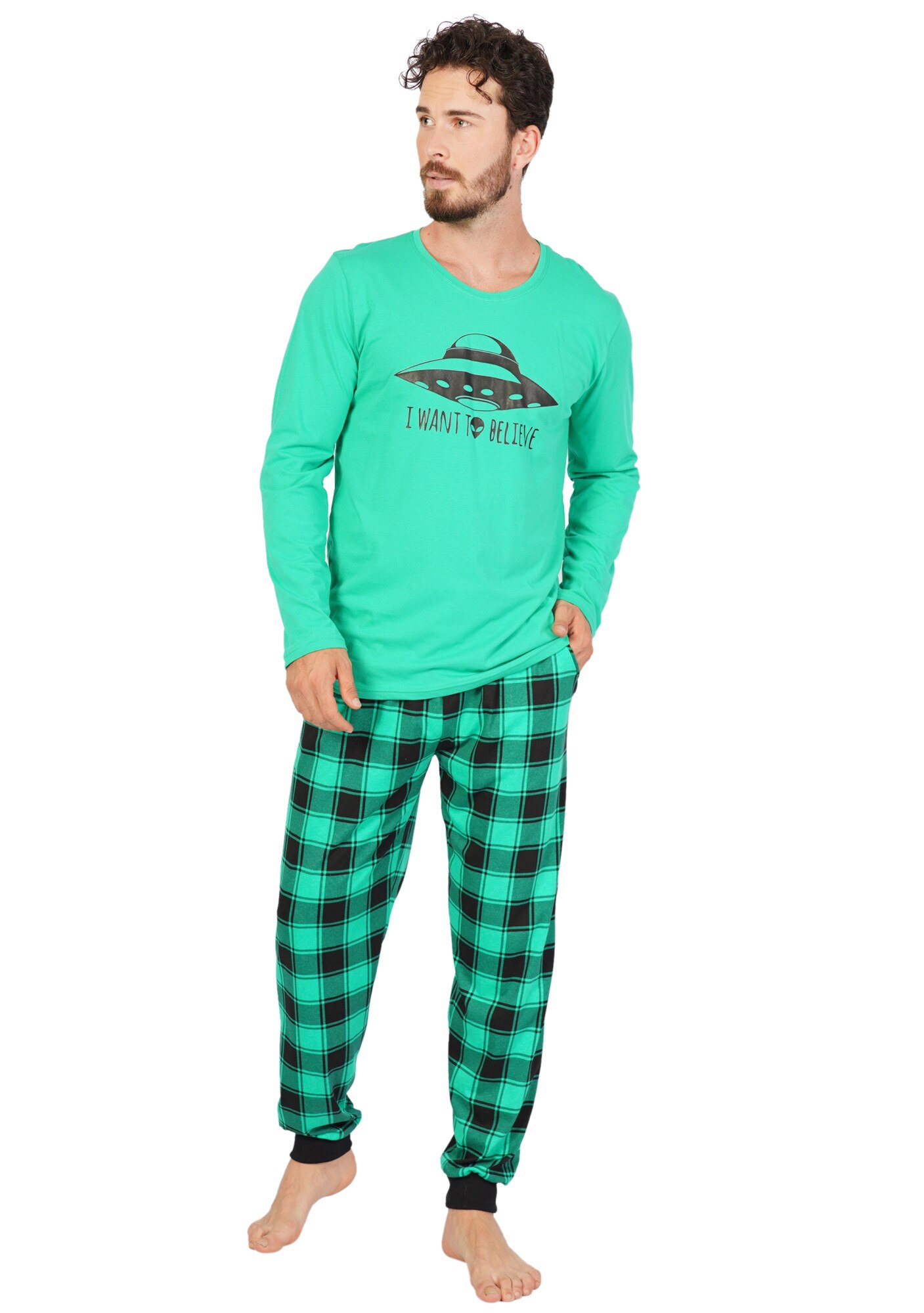 Pijama barbati Gazzaz by Vienetta, model I want to Believe, verde
