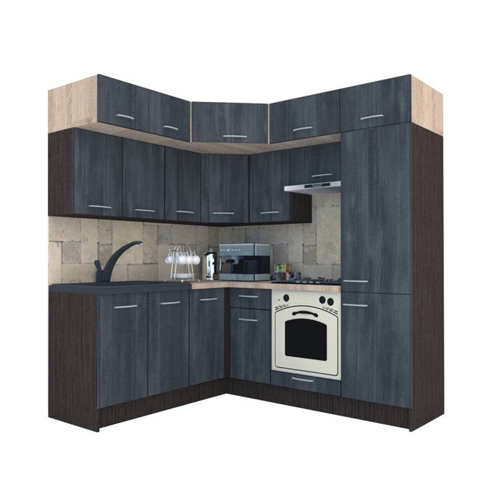 Set Bucatarie de Colt Genarom BIG GENA NEW DR. 180-210 x 225,5 x 60 cm, Cu Corp de Cuptor, Wenge / Decor 8509