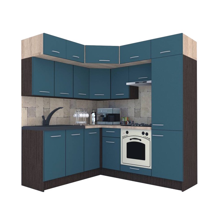 Set Bucatarie de Colt Genarom BIG GENA NEW DR. 180-210 x 225,5 x 60 cm, Cu Corp de Cuptor, Wenge / Decor 0244