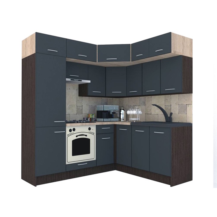 Set Bucatarie de Colt Genarom BIG GENA NEW ST. 180-210 x 225,5 x 60 cm, Cu Corp de Cuptor, Wenge / Decor 0164