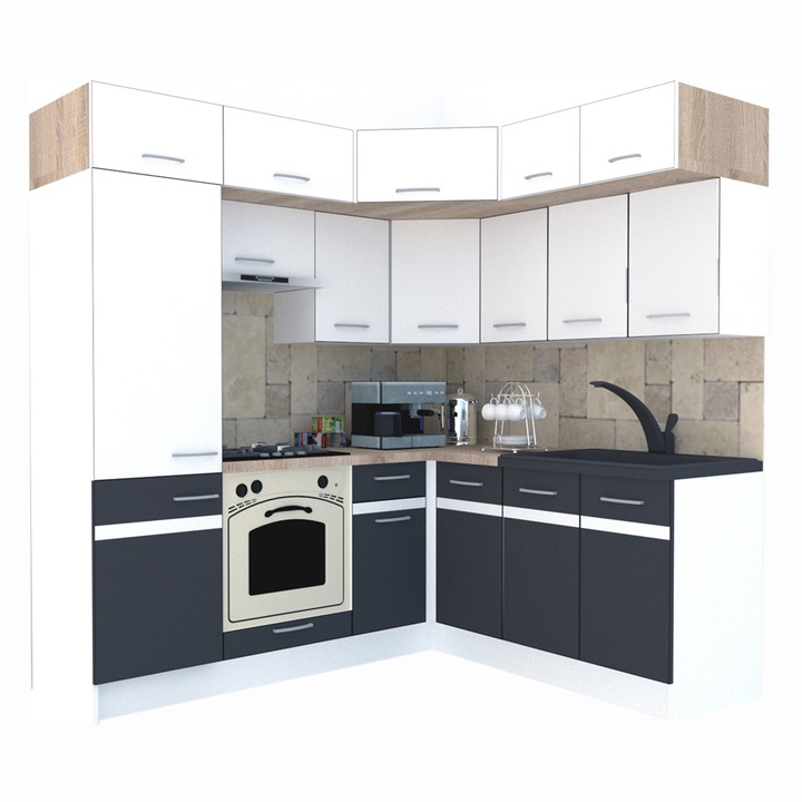 Set Bucatarie de Colt Genarom BIG GENA NEW ST. 180-210 x 225,5 x 60 cm, Cu Corp de Cuptor, Alb / Gri