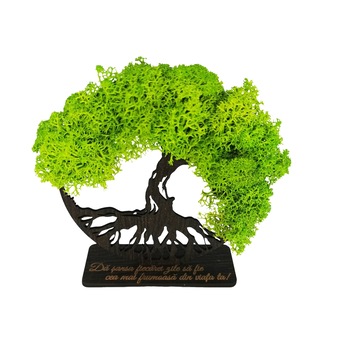 Decoratiune Copacul vietii cu licheni verzi, cu suport gravat cu mesaj  Decoratiune Copacul vietii cu licheni verzi, cu suport gravat cu mesaj