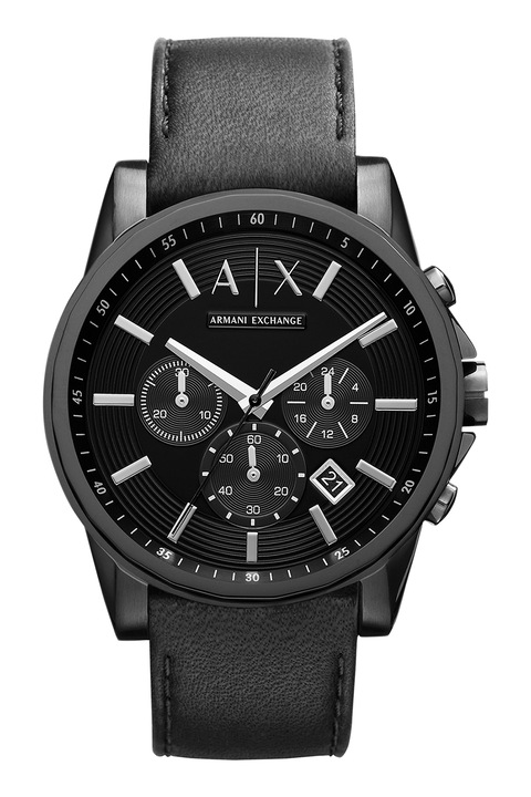 ARMANI EXCHANGE, Кварцов часовник с кожена каишка, Черен