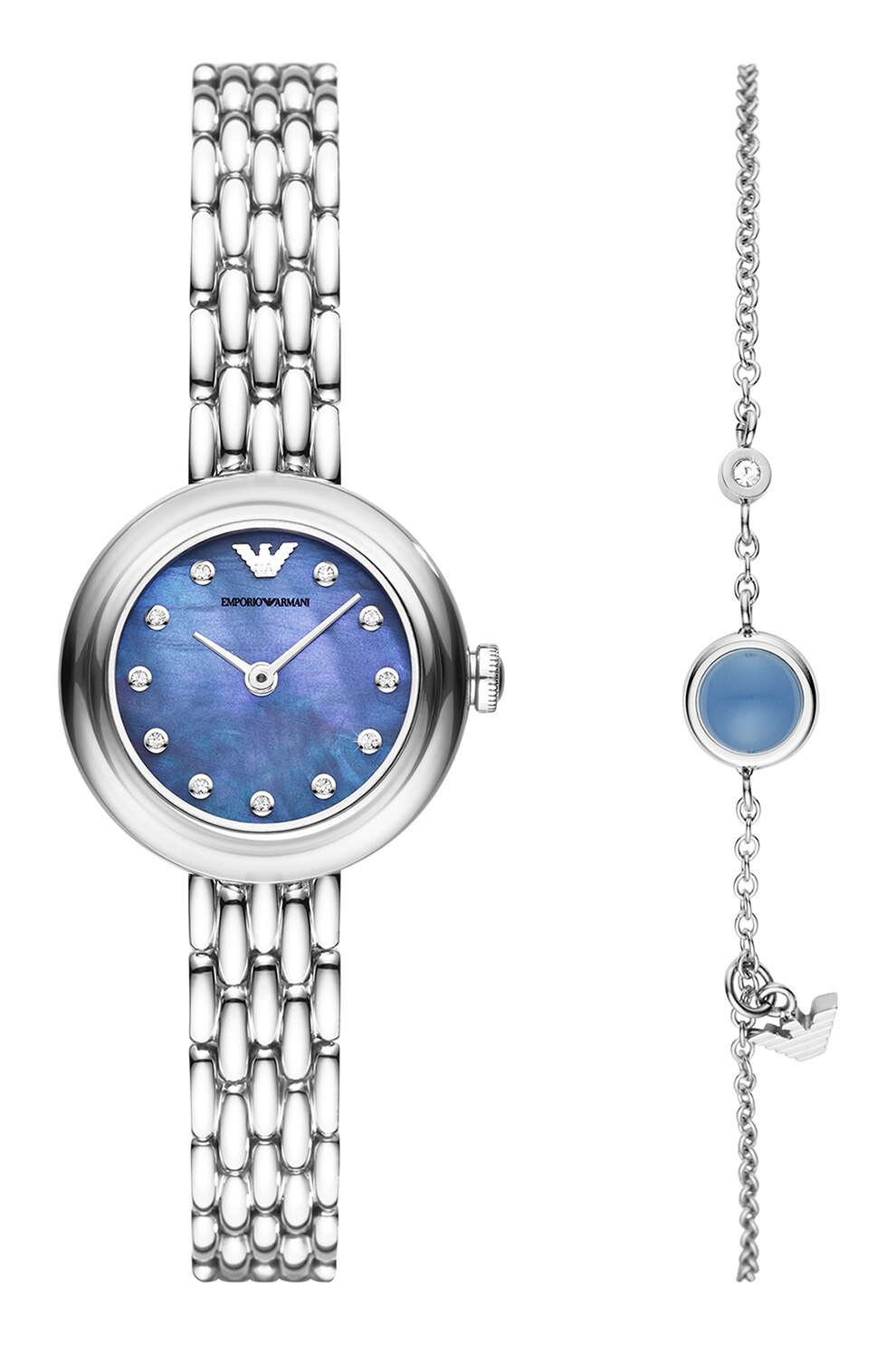 Emporio Armani, Set de ceas de otel inoxidabil si bratara cu logo, Argintiu/Albastru