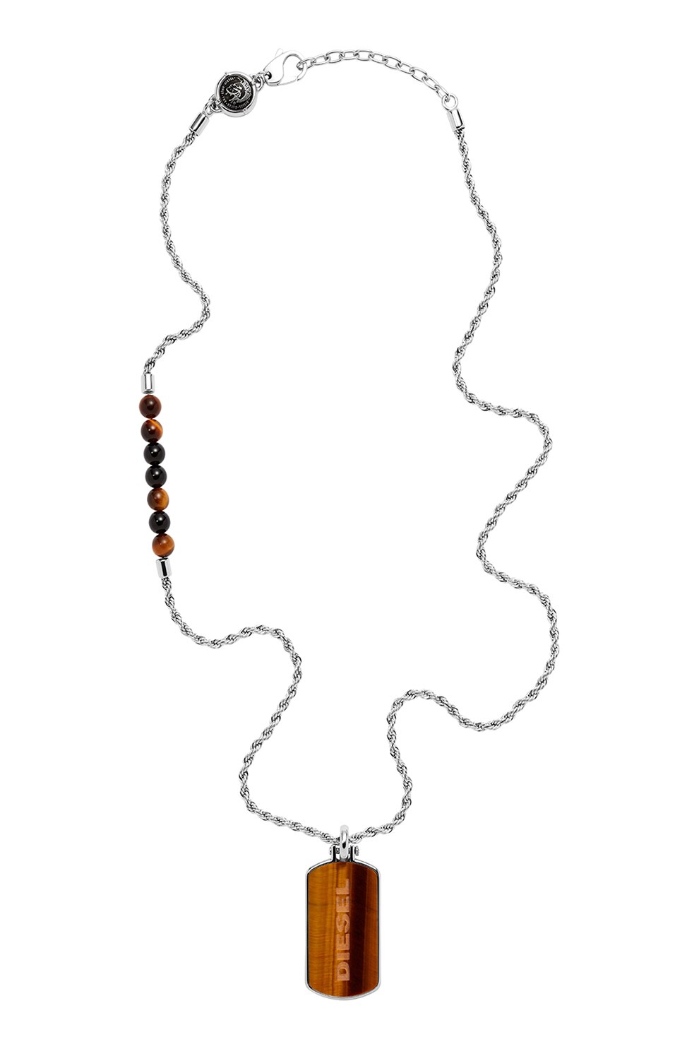Diesel, Colier de otel inoxidabil decorat cu piatra Tiger Eye, Argintiu/Maro