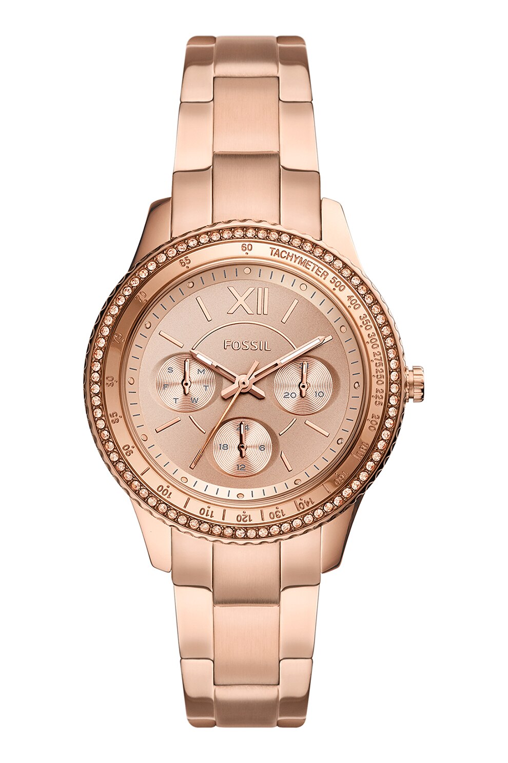 Fossil, Ceas quartz de otel inoxidabil decorat cu cristale, Auriu