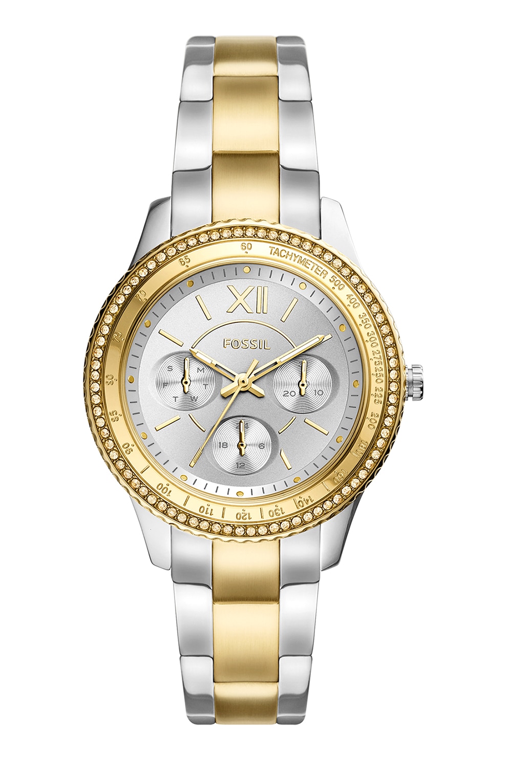 Fossil, Ceas quartz de otel inoxidabil cu doua nuante, Argintiu/Auriu