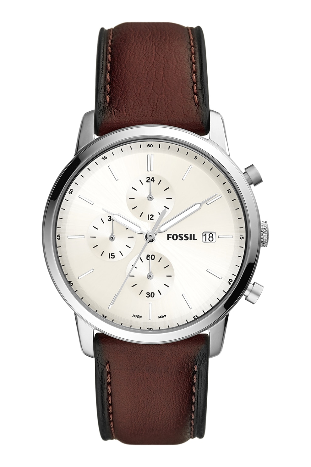 Fossil, Ceas cronograf cu o curea de piele, Argintiu/Maro