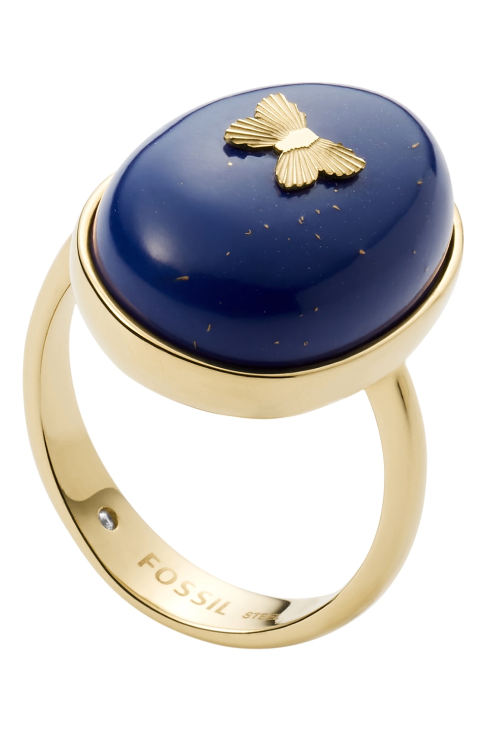 Fossil, Inel de otel inoxidabil decorat cu lapis lazuli, Auriu/Albastru, 56 Standard
