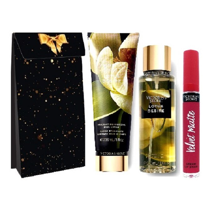 Set Victoria Secret Lotus Desire Noir, Spray de corp 250 ml, Lotiune de corp 238 ml si Ruj rezistent la transfer Velvet Matte