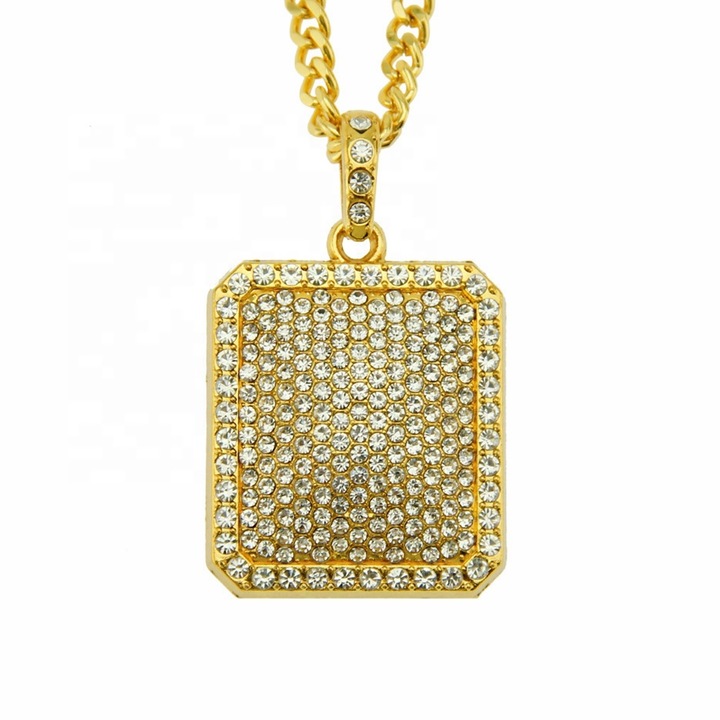 Lant cu pandantiv placuta, iced out, pietre zirconiu, placat cu aur 18K, auriu