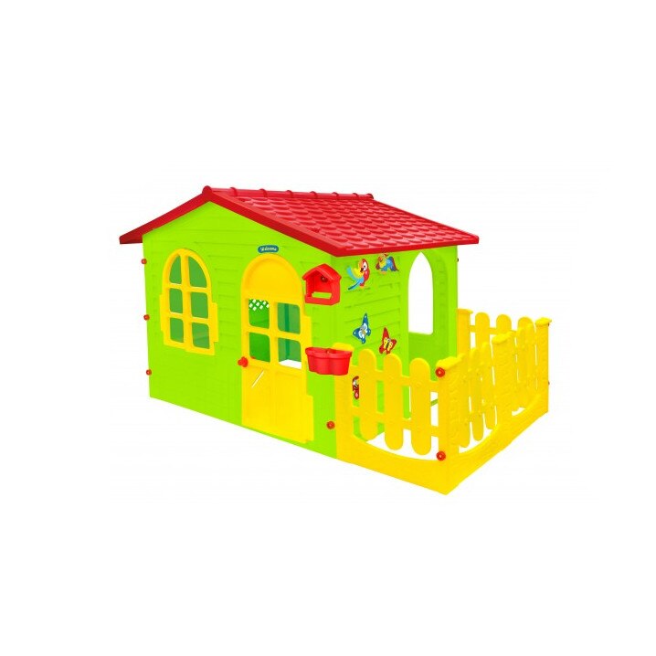 Casuta de joaca Garden House, usa si geamuri, tabla pentru desenat, gardulet si hranitoare pentru pasari, 190 x 127 x 118 cm