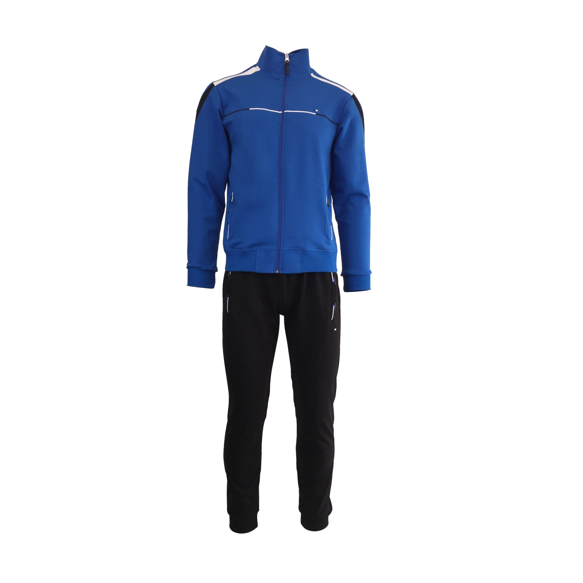 Trening barbat, UNIVERS FASHION, bluza albastru cu 2 buzunare cu fermoare, pantaloni negru cu 3 buzunare cu fermoare