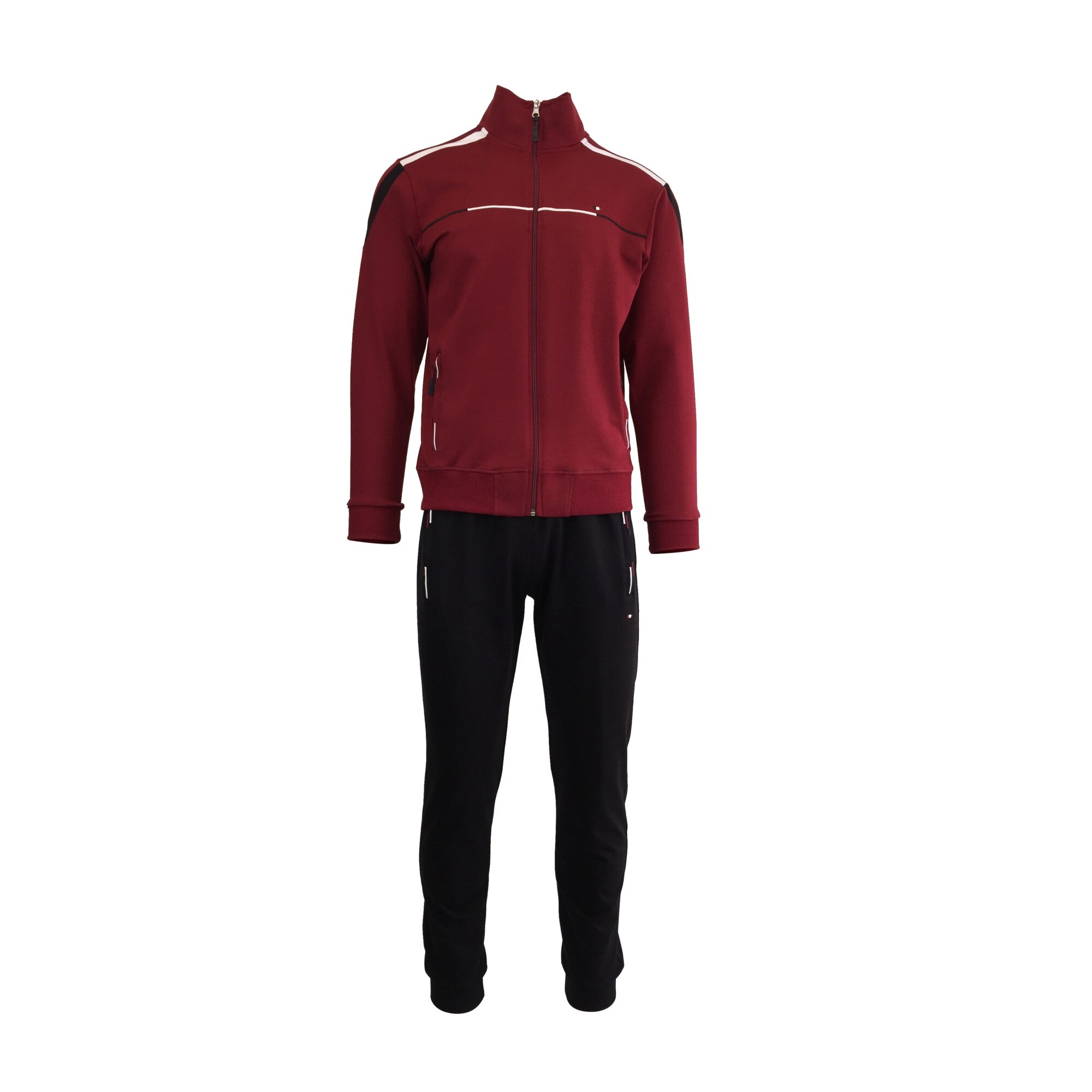 Trening barbat, UNIVERS FASHION, bluza grena cu 2 buzunare cu fermoare, pantaloni negru cu 3 buzunare cu fermoare