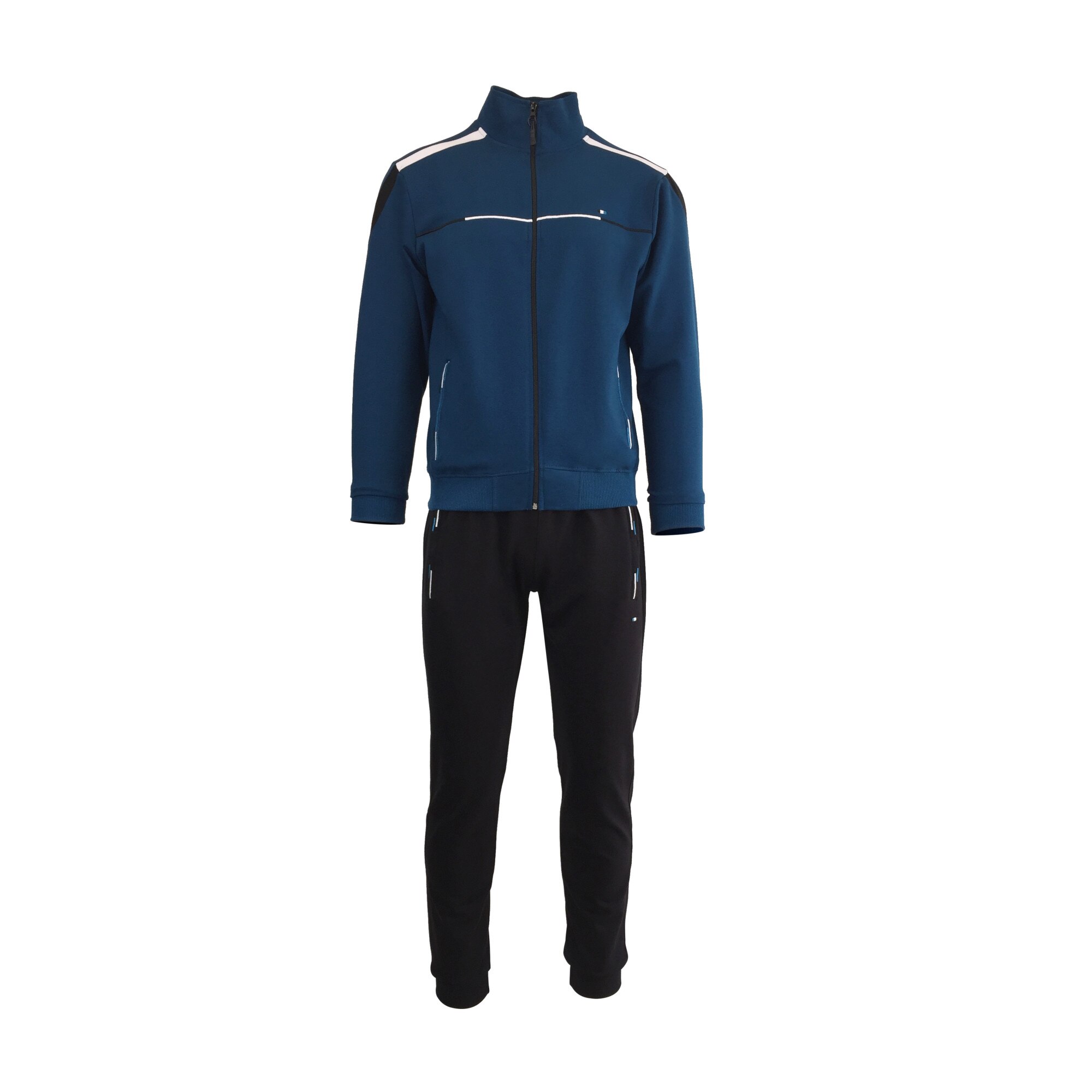 Trening barbat, UNIVERS FASHION, bluza albastru petrol cu 2 buzunare cu fermoare, pantaloni negru cu 3 buzunare cu fermoare