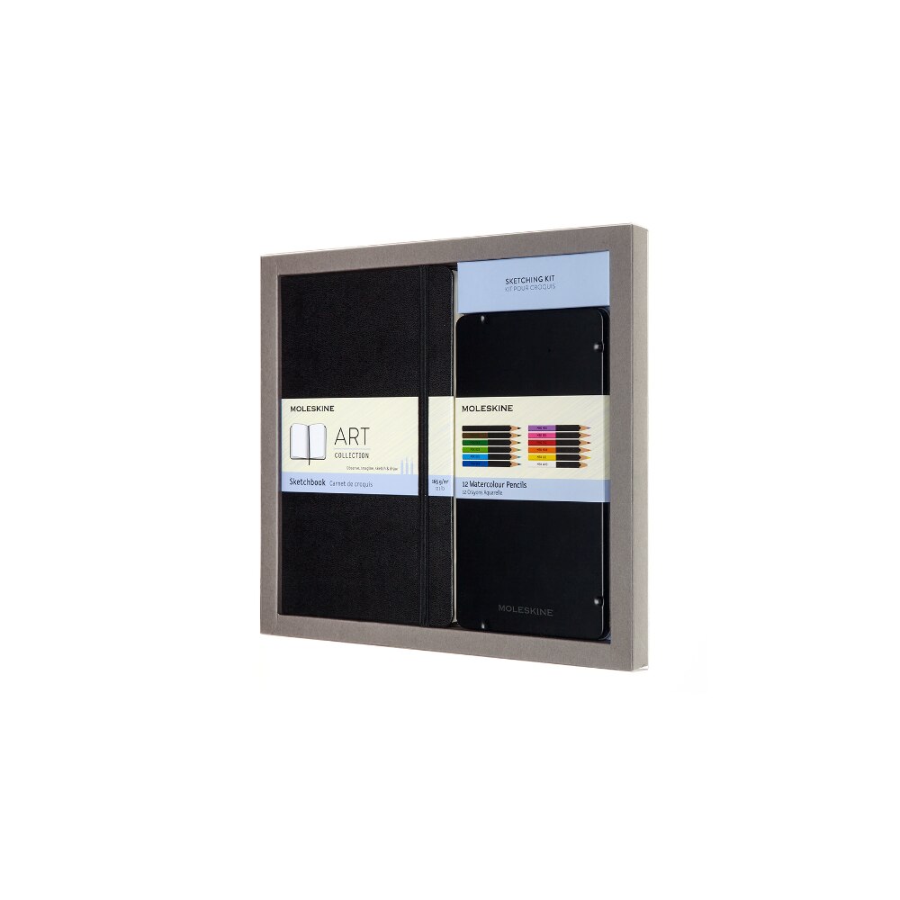 Set caiet Moleskine si creioane watercolor, Hard cover, 13x21 cm, Negru