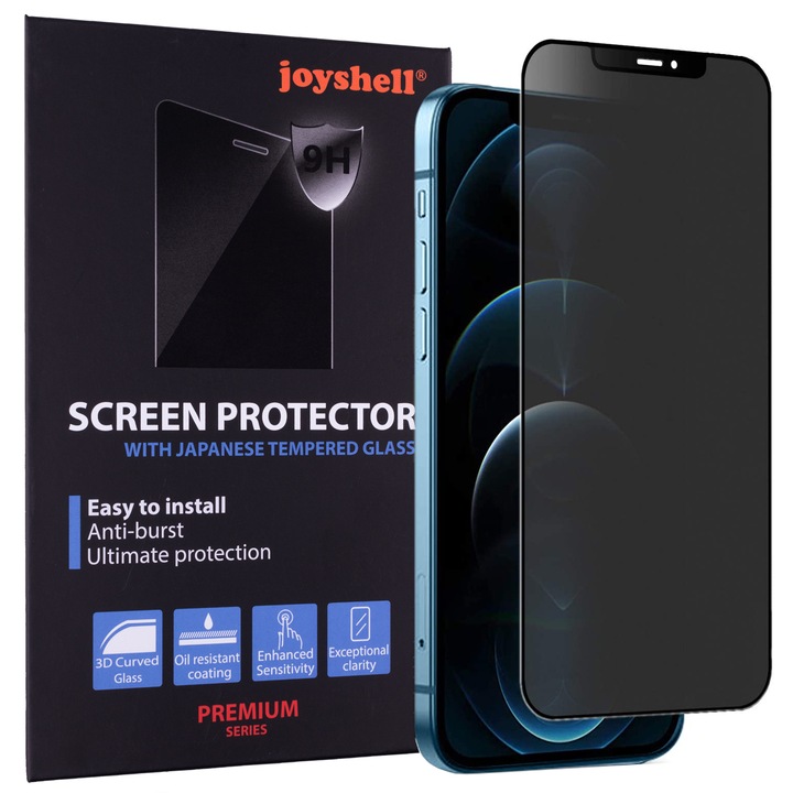 Folie Sticla Joyshell, compatibila cu Apple iPhone 12 Pro Max, Model Privacy, Full Glue, Protectie Profesionala Ecran 3D, Full Cover, Negru