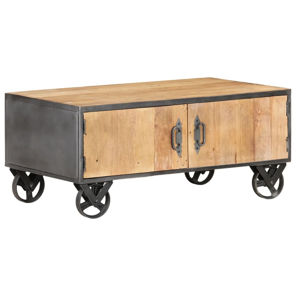Masuta de cafea pe roti, vidaXL, Lemn masiv reciclat, 90 x 50 x 39 cm, Maro si gri