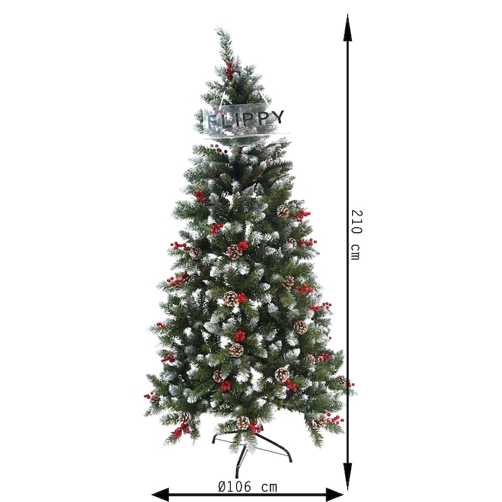 Изкуствена коледна елха Flippy, заснежена, украсена с 46 червени борови шишарки, за стена/ъгъл, височина 210 см, диаметър 106 см, 643 клона, зелен, включена метална стойка
