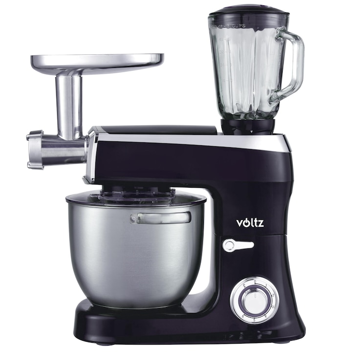 Кухненски робот Voltz V51115AS, 2100W, 7.5 литра, Месомелачка и Блендер, 3 бъркалки, 6 степени+Pulse, Черен